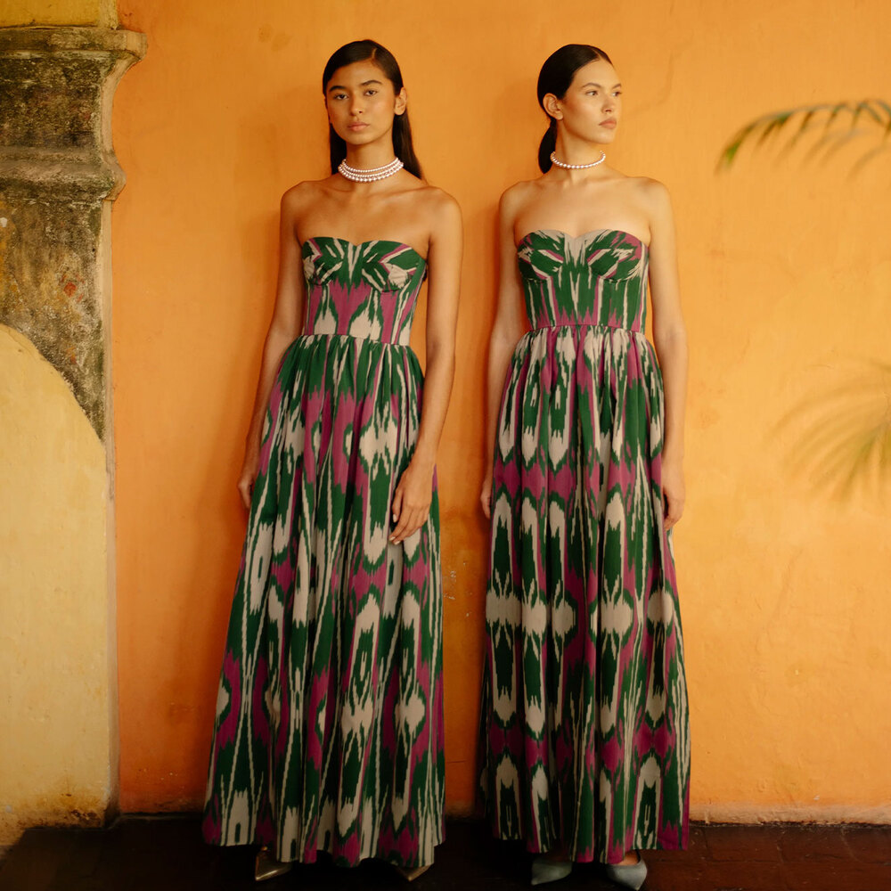 De Castro Jungle Orchid 100% Silk Ikat Corset Maxi Dress Green Pink Size S